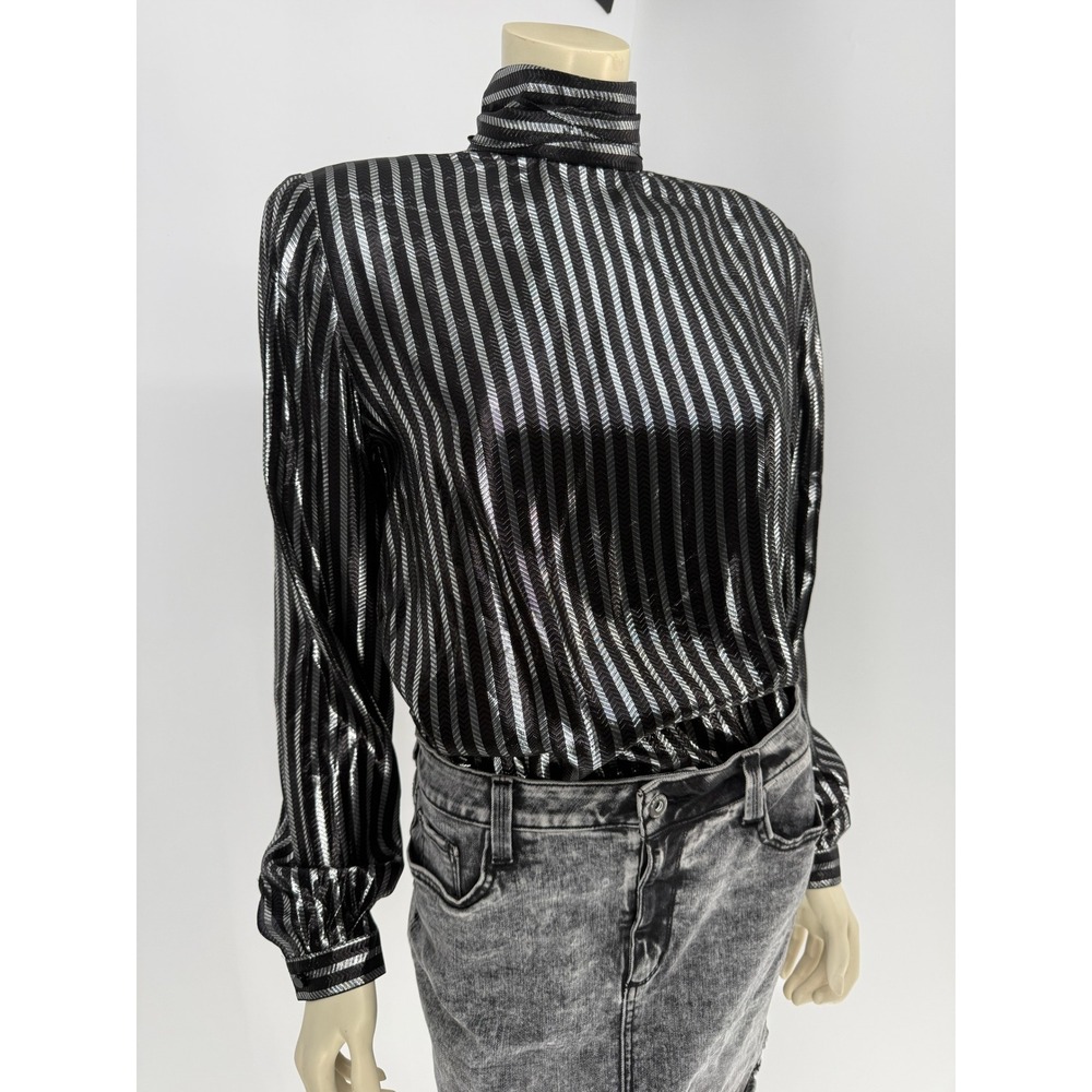Womens Silver Black Metallic Striped Mock Neck Tie Blouse‎ Long Sleeve Top